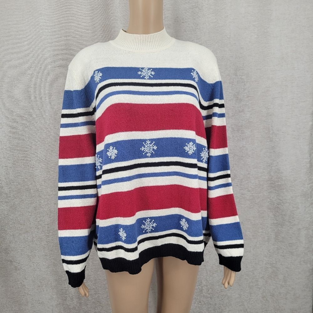 Alfred Dunner Striped Snowflake Sweater Red Blue Winter White